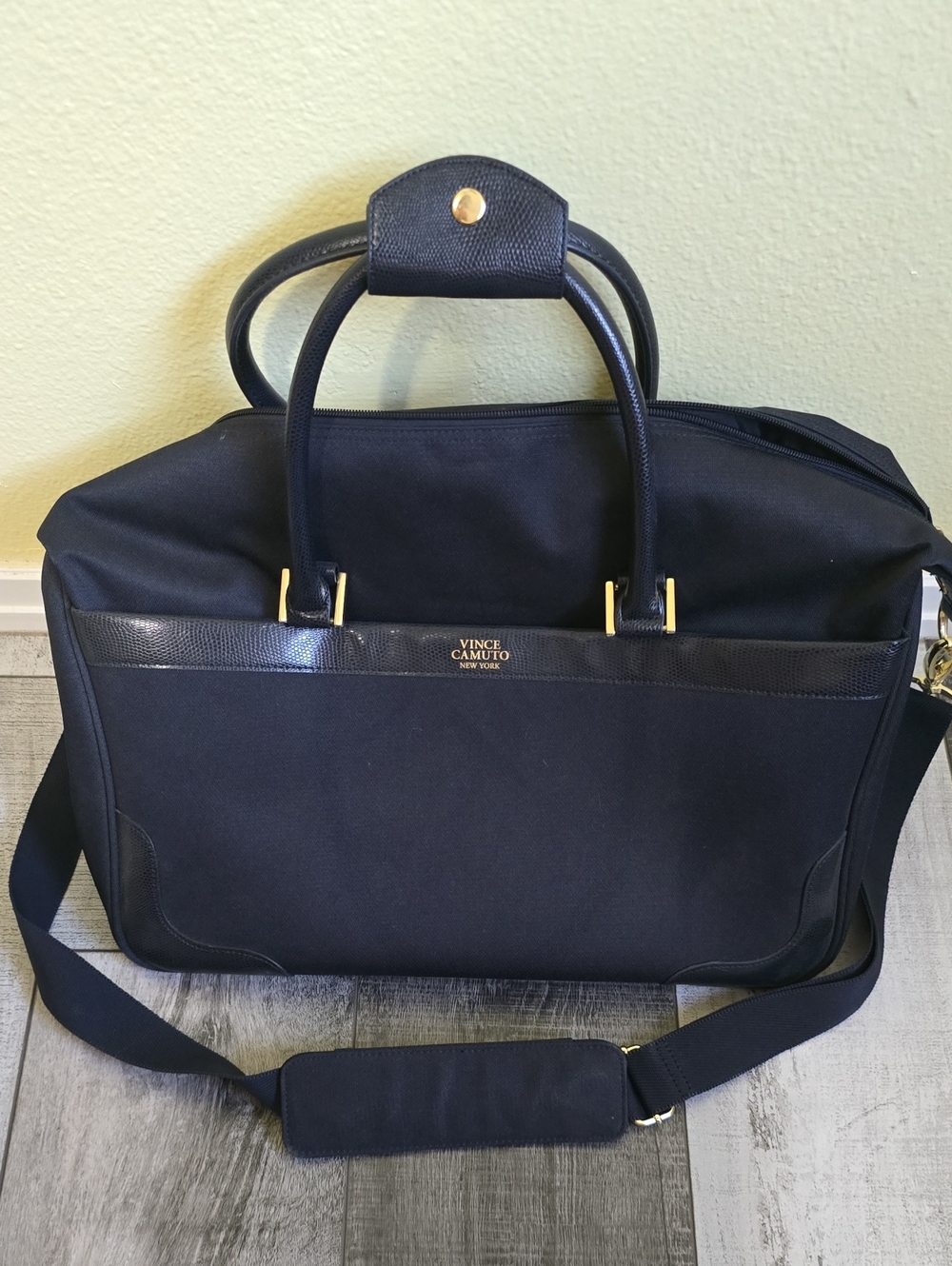 Vince Camuto Navy and Gold Travel Duffel with Shoulder Strap
